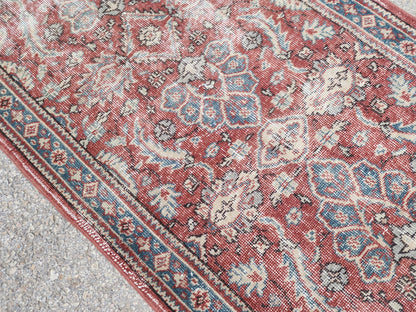 Antique Runner Rug 3x11.5 ft, Turkish Oushak Wool Carpet Faded Red Rug For Living Room Decor