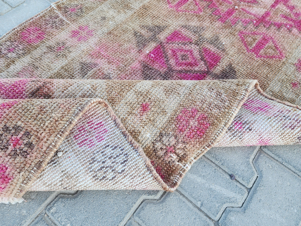 3x11 Vintage Runner Rug : Herki Handwoven Wool, Pink & Brown