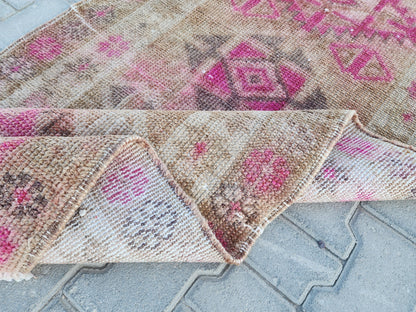 3x11 Vintage Runner Rug : Herki Handwoven Wool, Pink & Brown