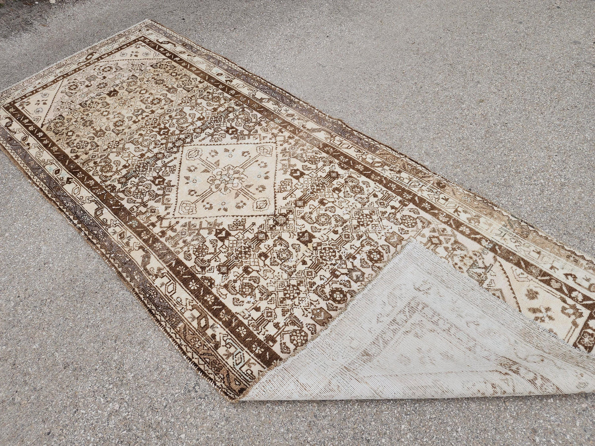 4x10 Neutral Brown Runner Rug, Hand Knotted Rustic Decor, Persian Boho Design