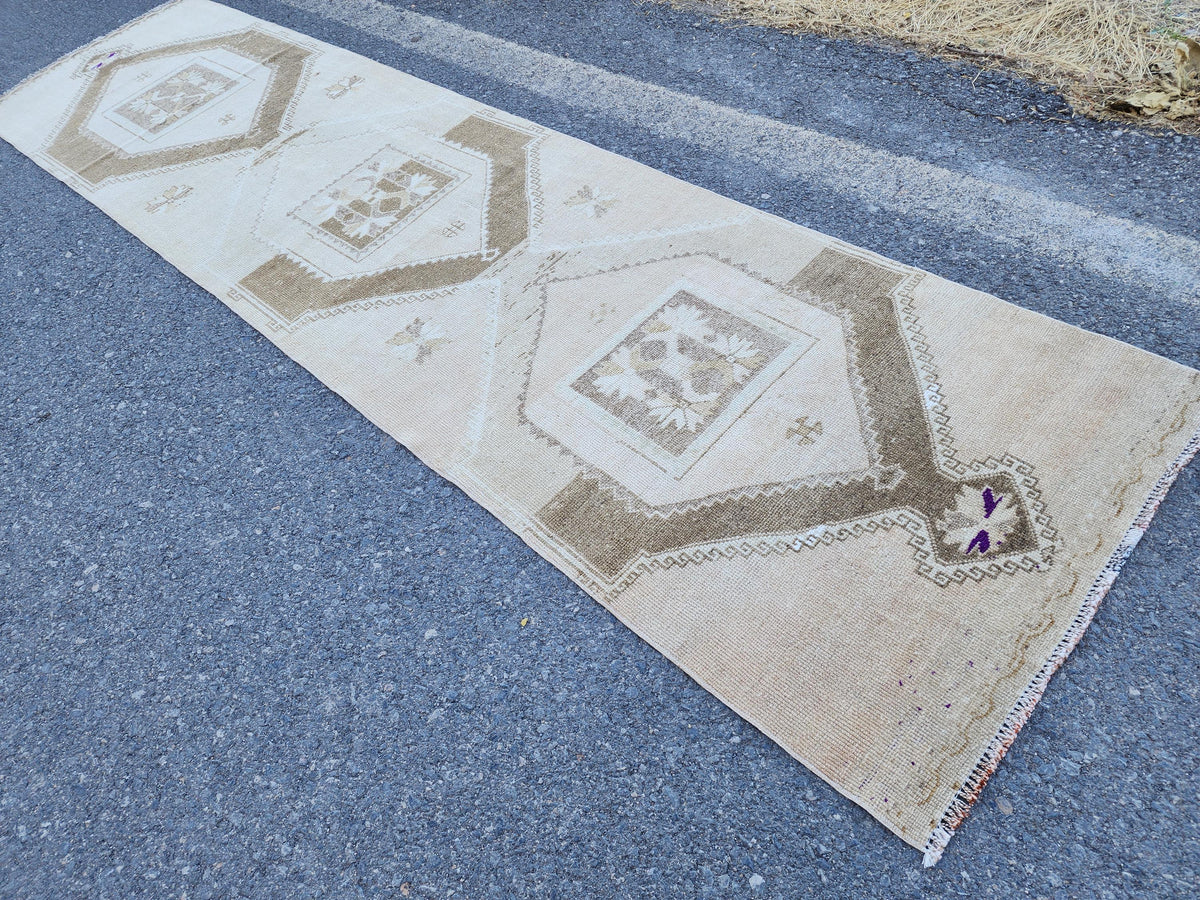 3x12 Neutral Runner Rug, Home Decor, Turkish Hand Made Up Cycled Wool