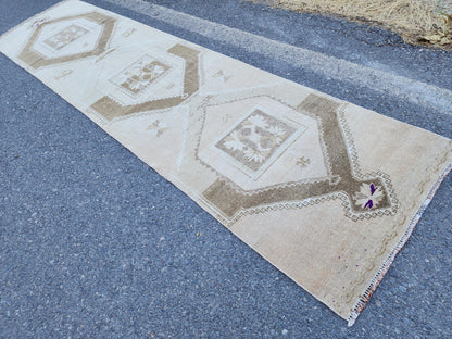 3x12 Neutral Runner Rug, Home Decor, Turkish Hand Made Up Cycled Wool