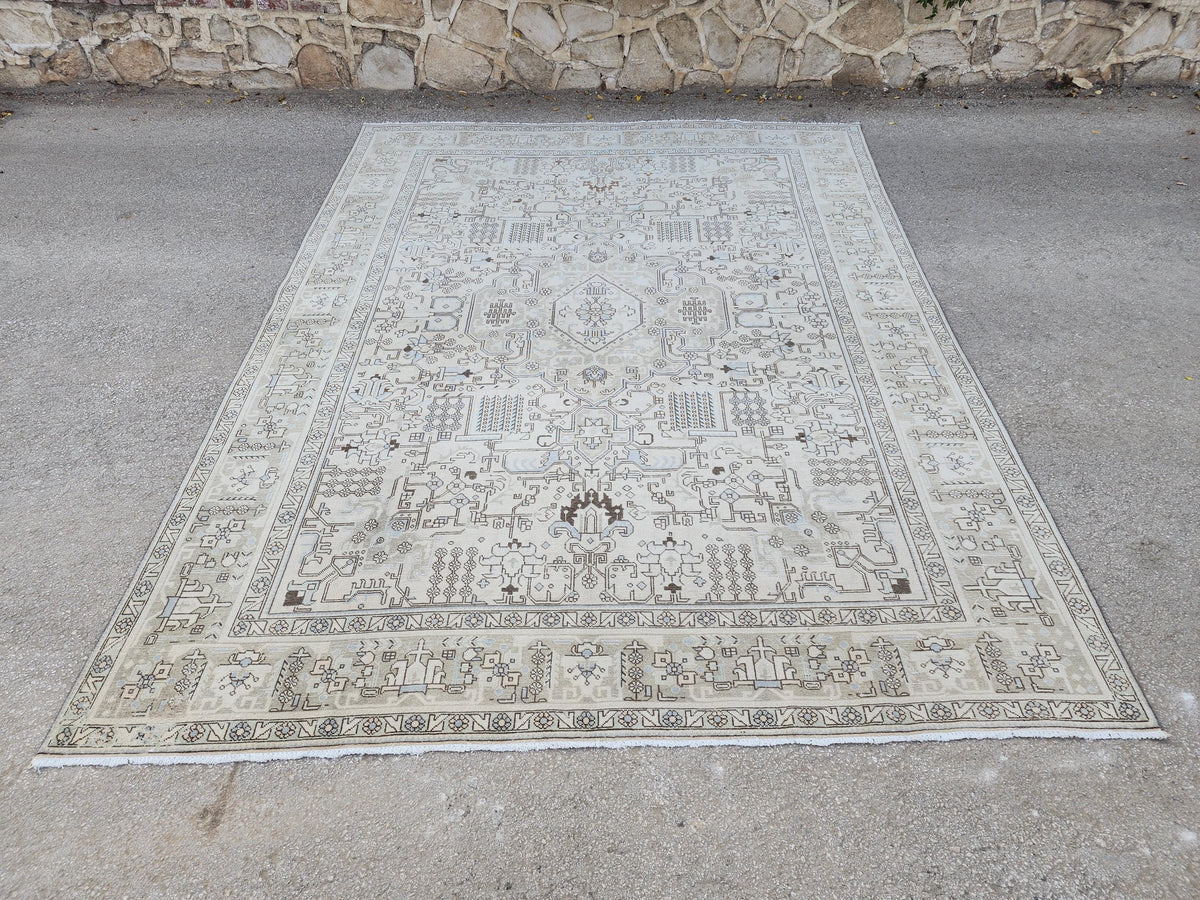 Vintage 9x13 Neutral Oriental Rug: Hand Woven Wool Cotton Area Rug, Geometric Pattern Carpet