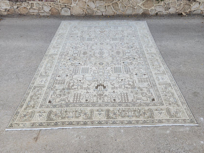Vintage 9x13 Neutral Oriental Rug: Hand Woven Wool Cotton Area Rug, Geometric Pattern Carpet
