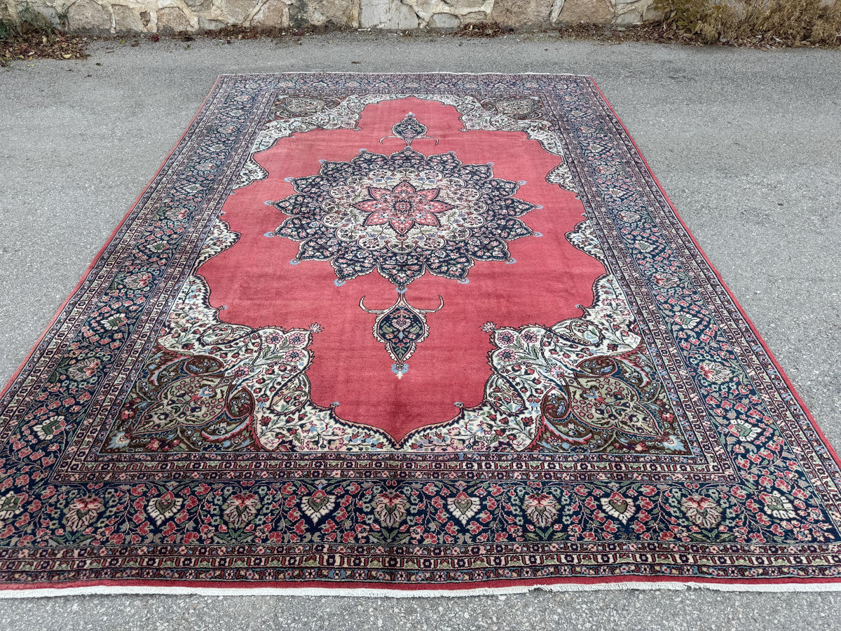 Vintage Area Rug 8x12: Medium Pile Red Wool, Hand Woven