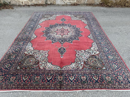 Vintage Area Rug 8x12: Medium Pile Red Wool, Hand Woven