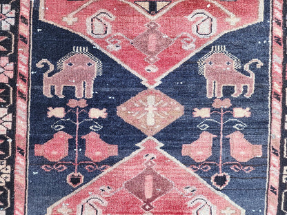 Vintage Wool Runner Rug: Animal Design, Navy Blue and Faded Red