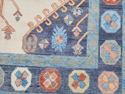 Handwoven Oushak Rug 10x14: Beige & Blue Turkish Wool Rug, Farmhouse Home Decor