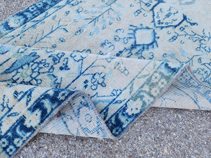3x10 Boho Rug, Handmade Wool Persian Runner, Blue Floral Boho Hallway Decor