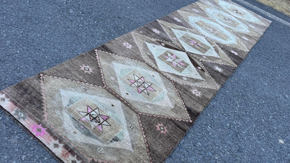 3x11 Wool Neutral Runner Rug, Hand Knotted Turkish Decor, Kitchen Decor