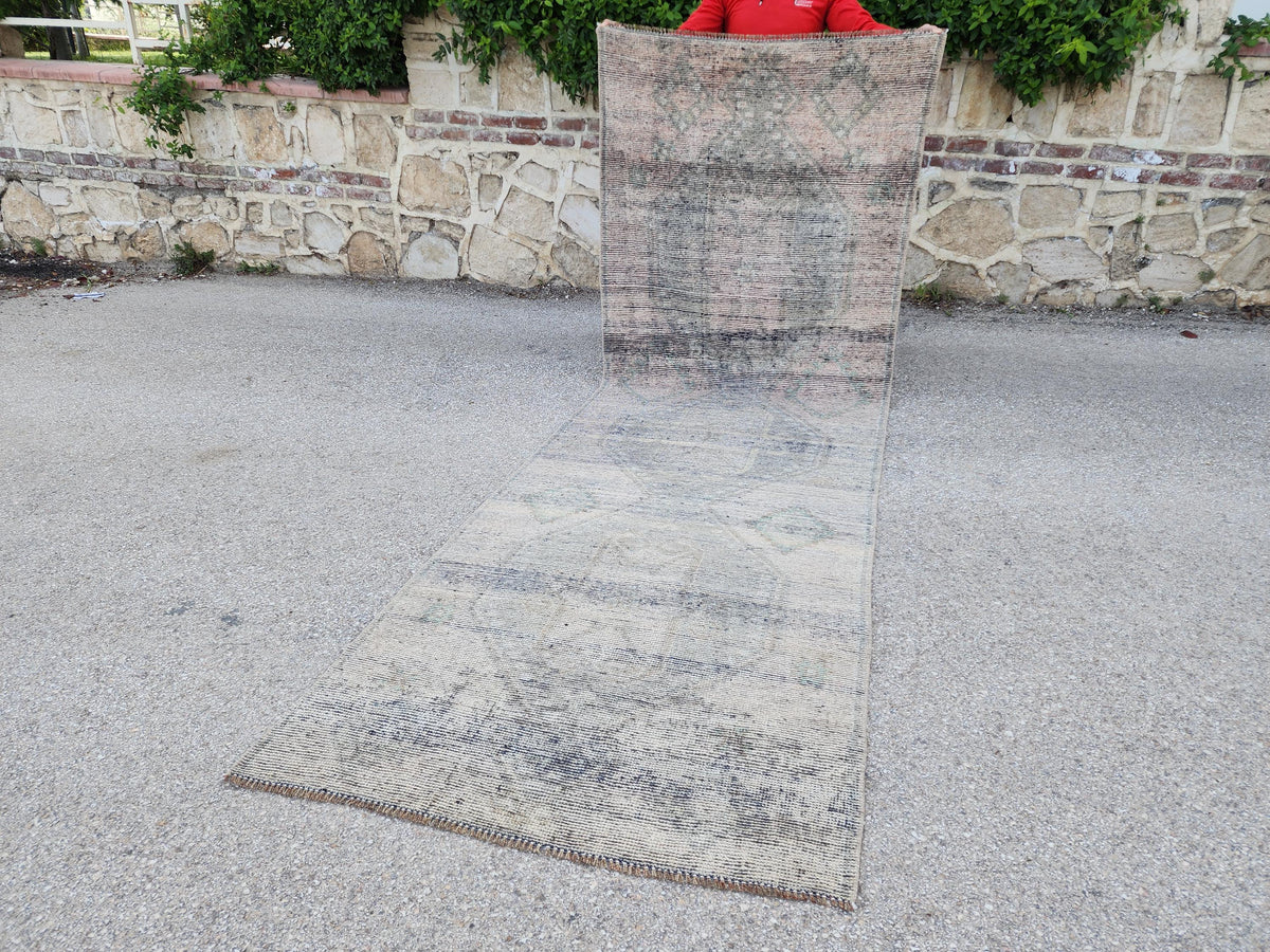 3x11 Hand Knotted Wool Runner Rug: Gray Turkish Farmhouse Hallway Decor