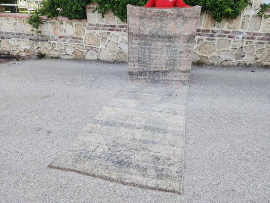 3x11 Hand Knotted Wool Runner Rug: Gray Turkish Farmhouse Hallway Decor
