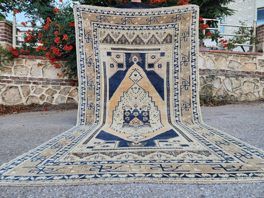 Neutral Vintage Yahyali Rug 5x9, Beige and Blue, Turkish Hand Made Wool Carpet, Home Living Room Decor