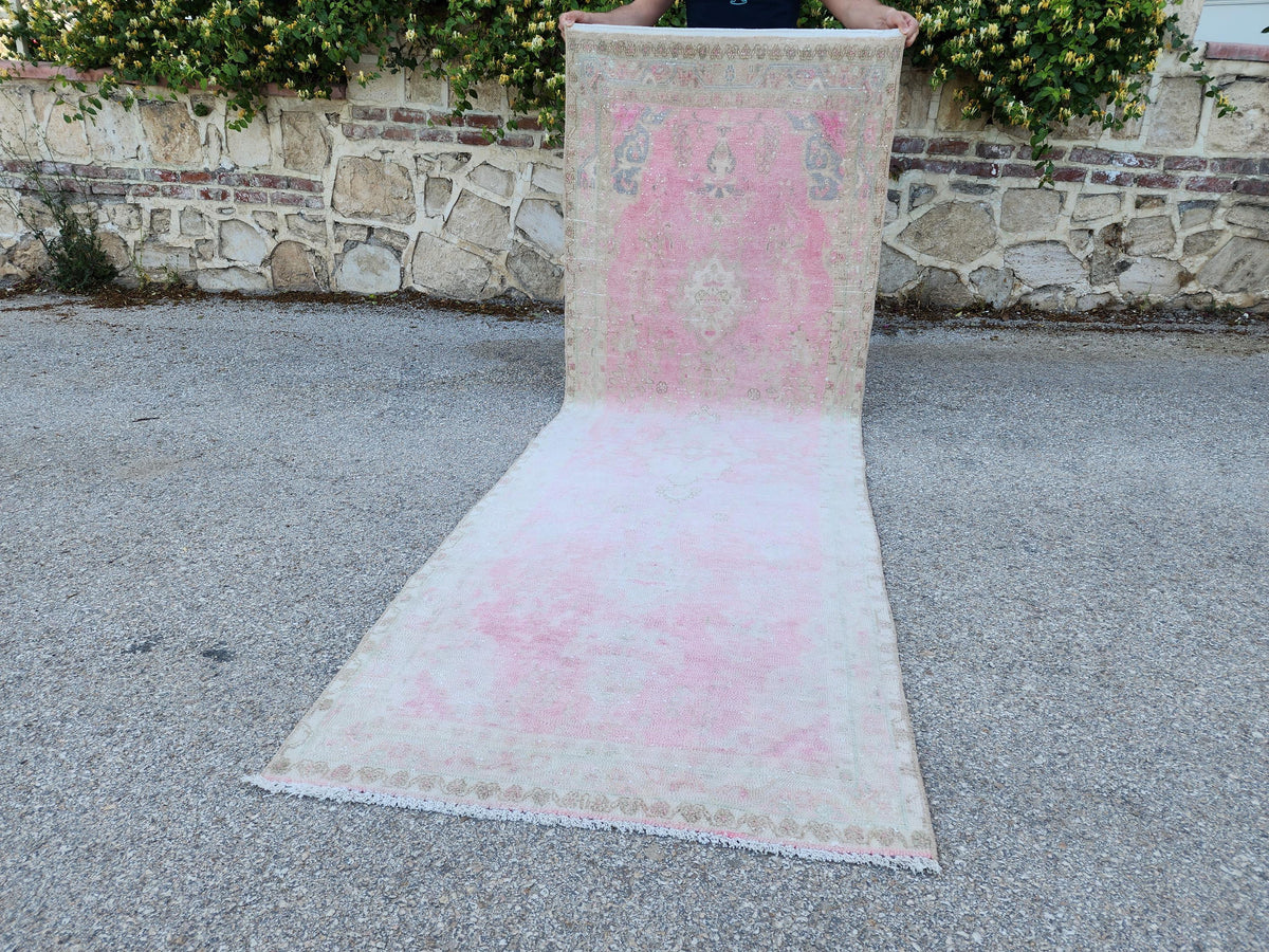 3x9 Boho Runner Rug, Powder Pink Wool Hand Made, Kitchen Rustic Decor