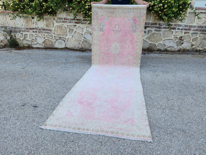 3x9 Boho Runner Rug, Powder Pink Wool Hand Made, Kitchen Rustic Decor
