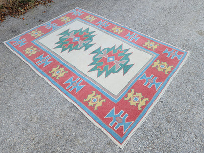 Hand Made Rug 4x6, Turkish Hand Knotted Rustic Carpet, Small Rustic Decor