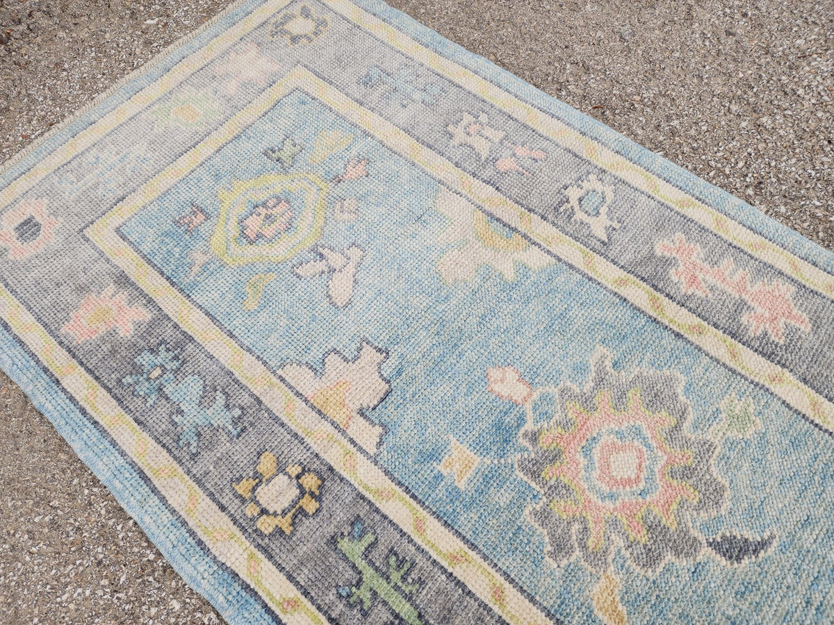 3x10 Handwoven Oushak Wool Runner Rug: Pastel Blue Floral Hallway Rug, Home Rustic Decor