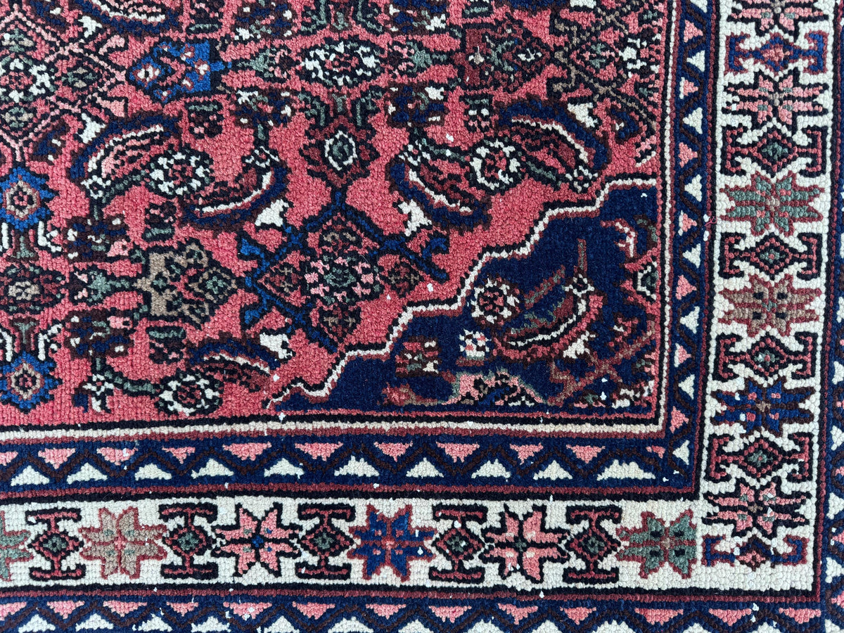 Vintage Wool Runner Rug 3x11: Oriental Hand Knotted, Navy and Faded Red
