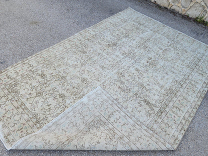 7x10 Vintage Oushak Rug: Hand-Knotted Wool, Distressed Beige Carpet