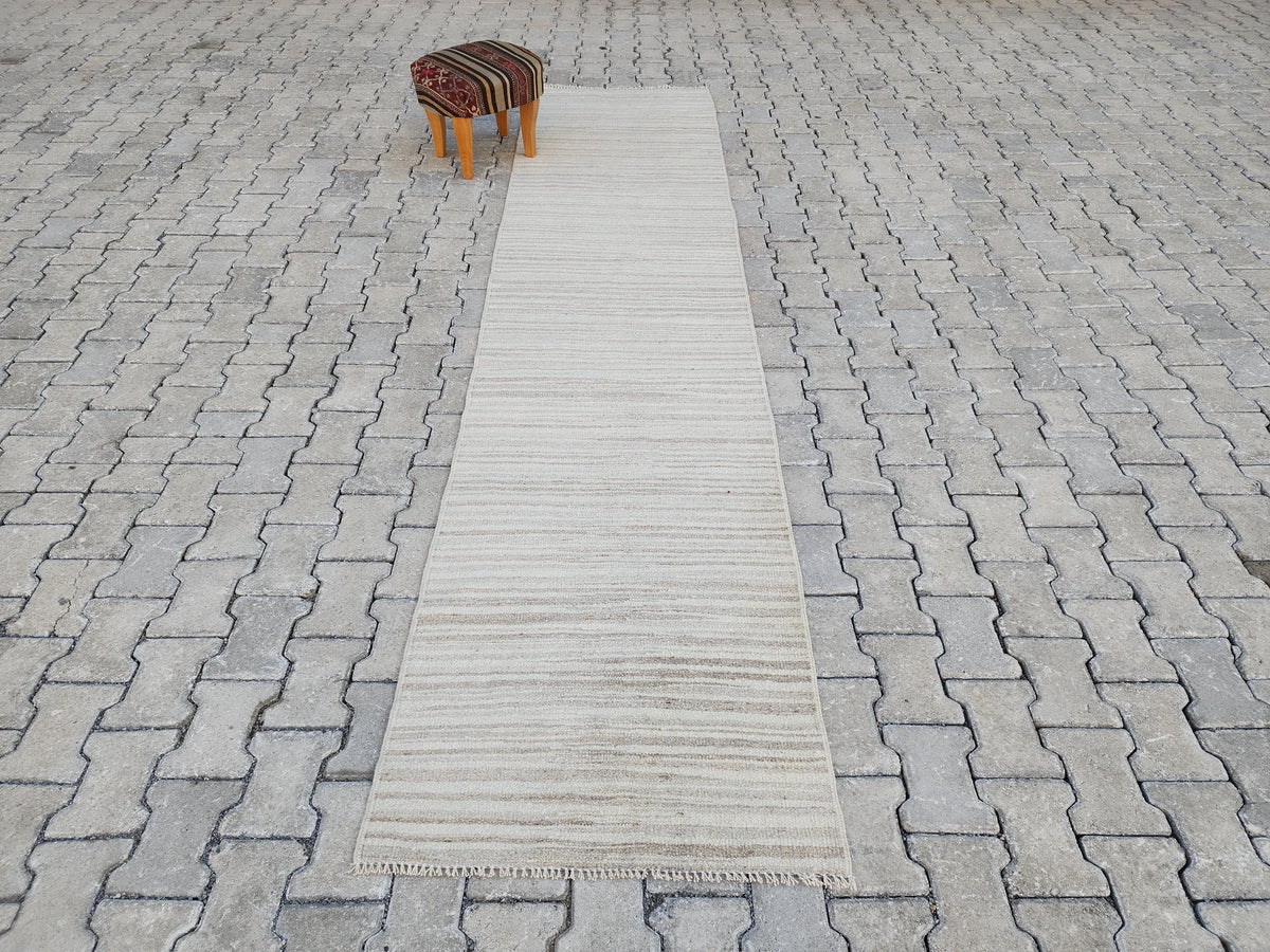 2x11 Neutral Turkish Kilim Runner Rug: Hand-Knotted Wool, Bohemian Hallway Decor