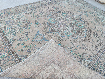 Vintage Neutral Area Rug 9x13: Persian Medallion Design, Brown and Green