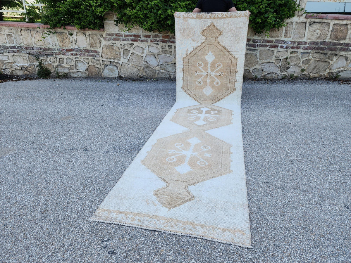 3x12 Neutral Runner Rug: Beige Turkish Handmade Boho Kitchen Decor