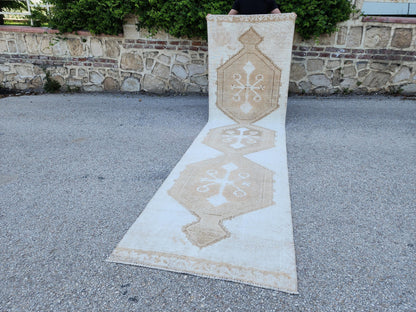 3x12 Neutral Runner Rug: Beige Turkish Handmade Boho Kitchen Decor