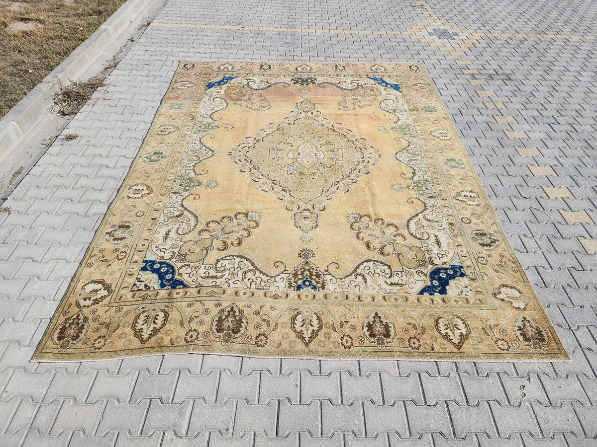 Neutral Rustic Rug 9x12: Medallion Persian Design, Hand Knotted, Rustic Bohemian Decor