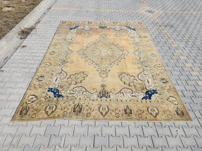 Neutral Rustic Rug 9x12: Medallion Persian Design, Hand Knotted, Rustic Bohemian Decor