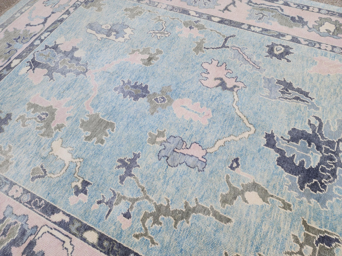 Handwoven Oushak Rug 8x10: Up Cycled Wool Carpet, Pastel Blue & Pink