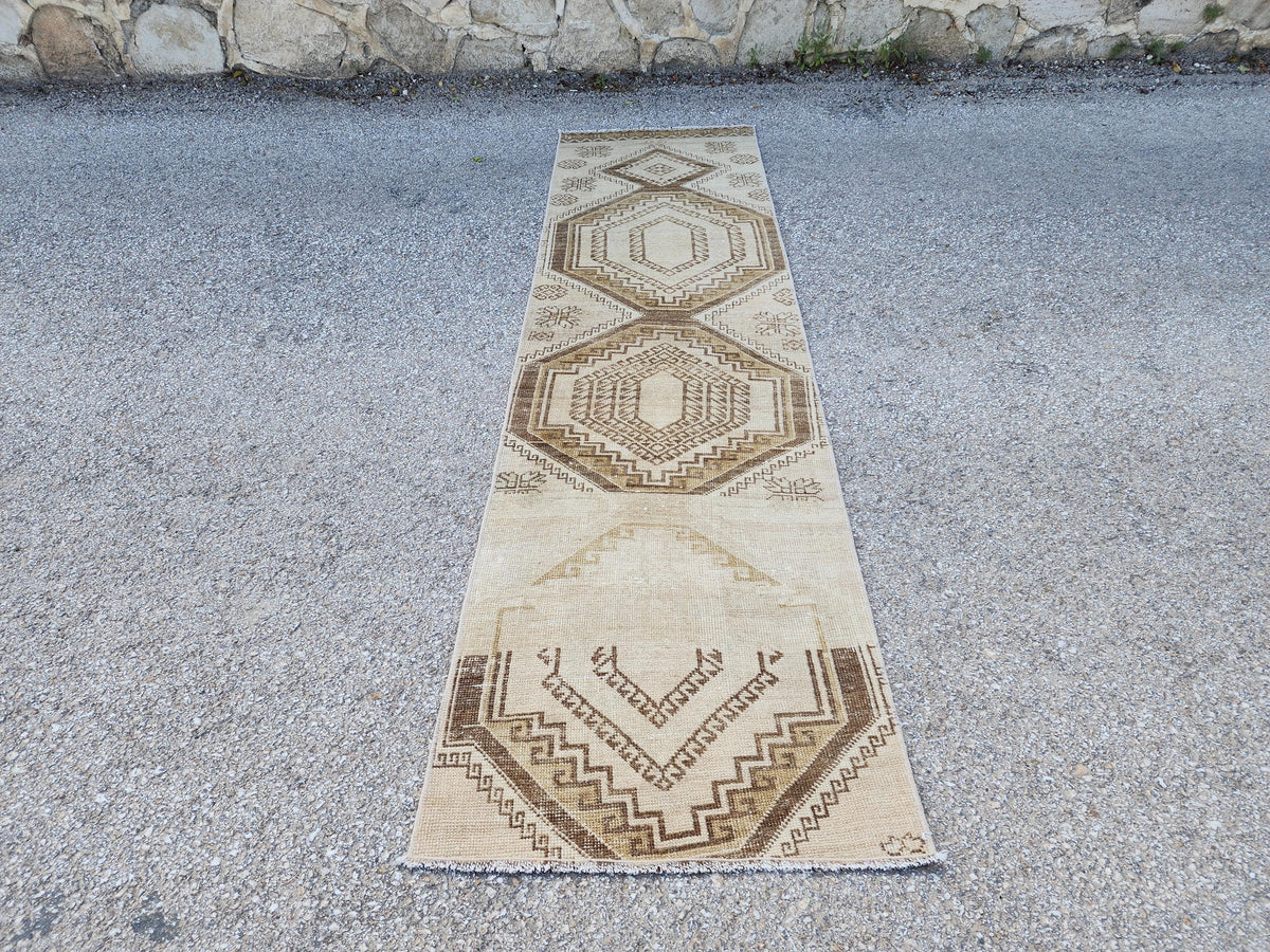 Neutral Turkish Runner Rug 2x9: Vintage Hallway Rug