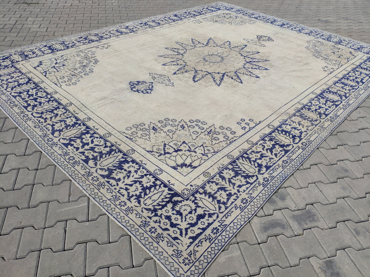10x13 Handwoven Turkish Oushak Rug, Blue Wool Area Rug, Neutral Oversize Home Decor