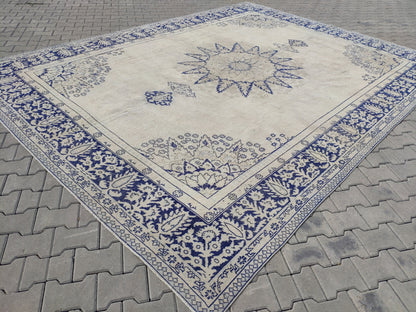 10x13 Handwoven Turkish Oushak Rug, Blue Wool Area Rug, Neutral Oversize Home Decor