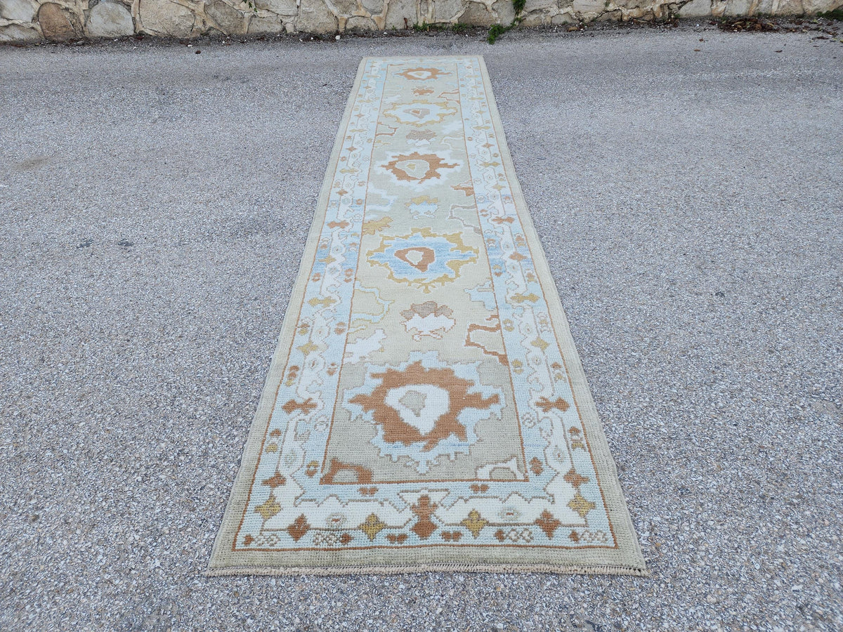 Handwoven Wool Oushak Runner Rug: 3x13 Turkish Entry Rug, Hallway Rustic Decor