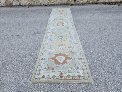 Handwoven Wool Oushak Runner Rug: 3x13 Turkish Entry Rug, Hallway Rustic Decor