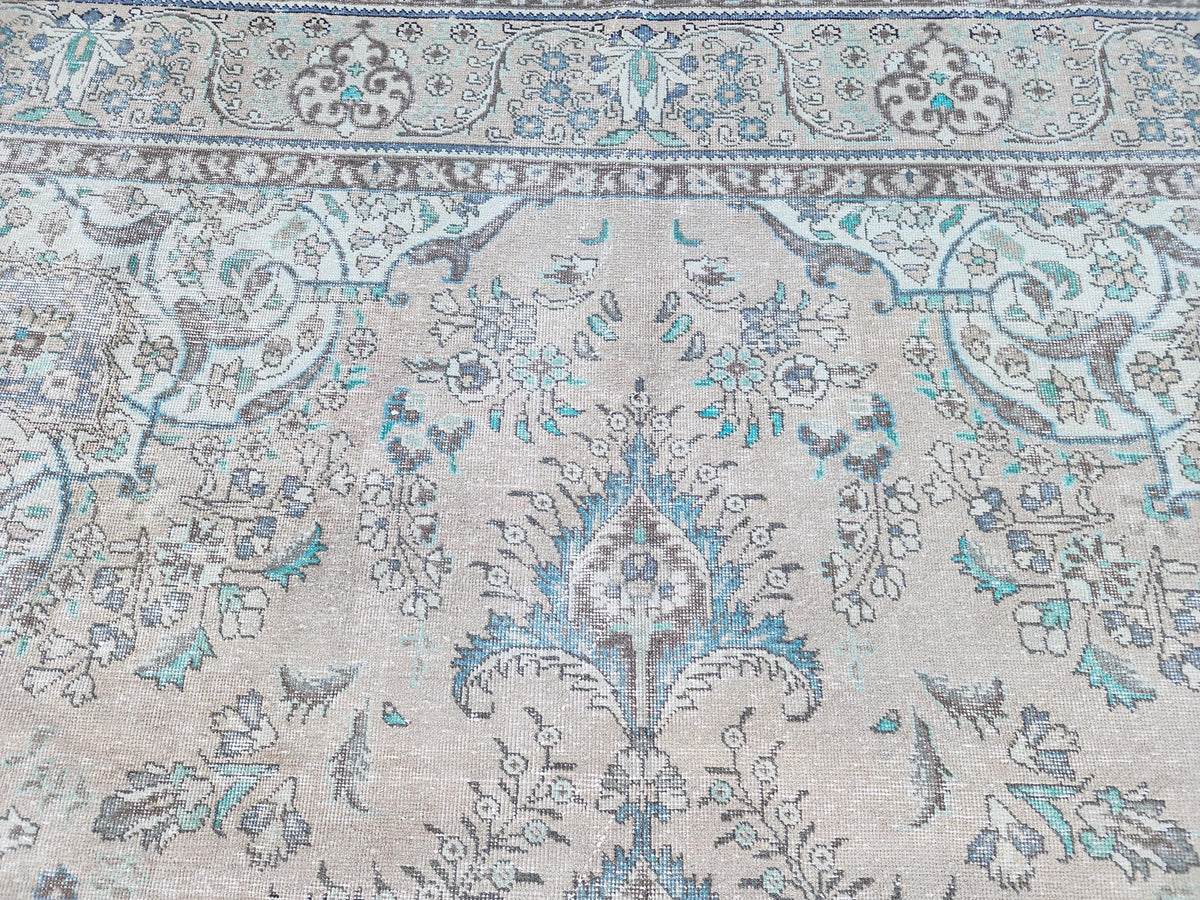 Vintage Neutral Area Rug 9x13: Persian Medallion Design, Brown and Green