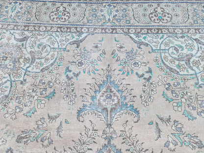 Vintage Neutral Area Rug 9x13: Persian Medallion Design, Brown and Green
