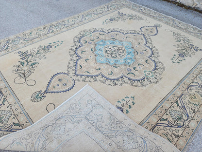 Hand Knotted Wool Area Rug 9x12: Blue Medallion and Beige Vintage Farmhouse Rug