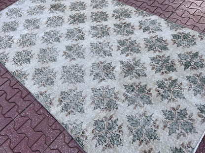 Handwoven Turkish Oushak Rug: 4x7 Green Wool Entryway Rug
