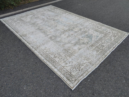 6x10 Hand Knotted Wool Rug: Neutral Green Mid-Century Decor