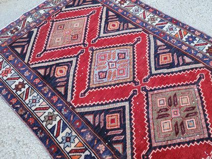 Vintage Hand Woven Rug 3x10: Red and Navy Blue, Persian Geometric Design