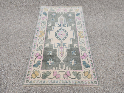 3x5 Oushak Rug: Handwoven Up Cycled Wool, Green Beige Medallion