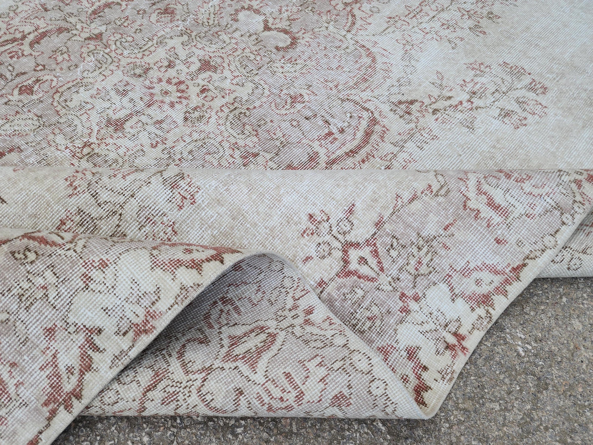 7x10 Medallion Oushak Rug: Turkish Hand Knotted, Farmhouse Beige and Faded Red Rug