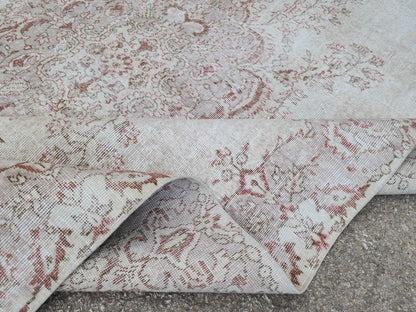 7x10 Medallion Oushak Rug: Turkish Hand Knotted, Farmhouse Beige and Faded Red Rug