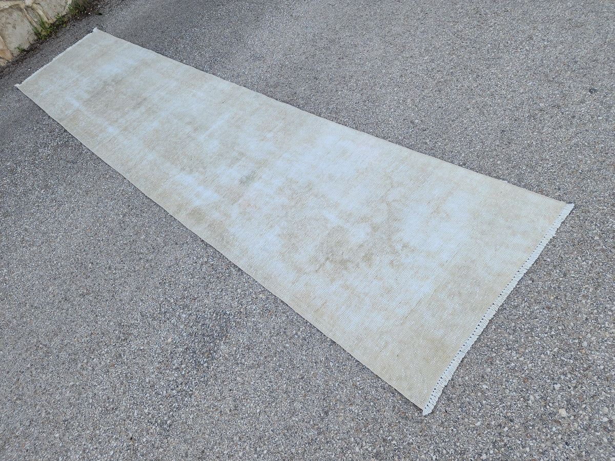 Neutral Turkish Wool Runner Rug 2x11: Hand-Knotted Bohemian Hallway Decor