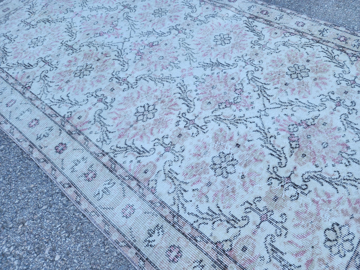 Neutral Wool Rug 4x7: Turkish Oushak Hand Knotted, Floral Design