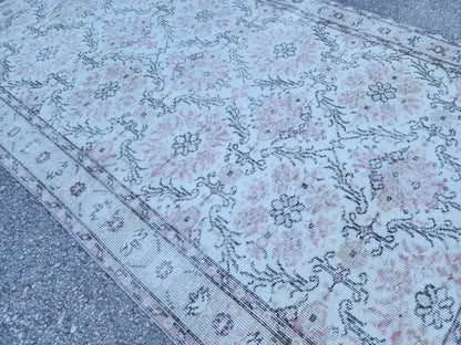 Neutral Wool Rug 4x7: Turkish Oushak Hand Knotted, Floral Design