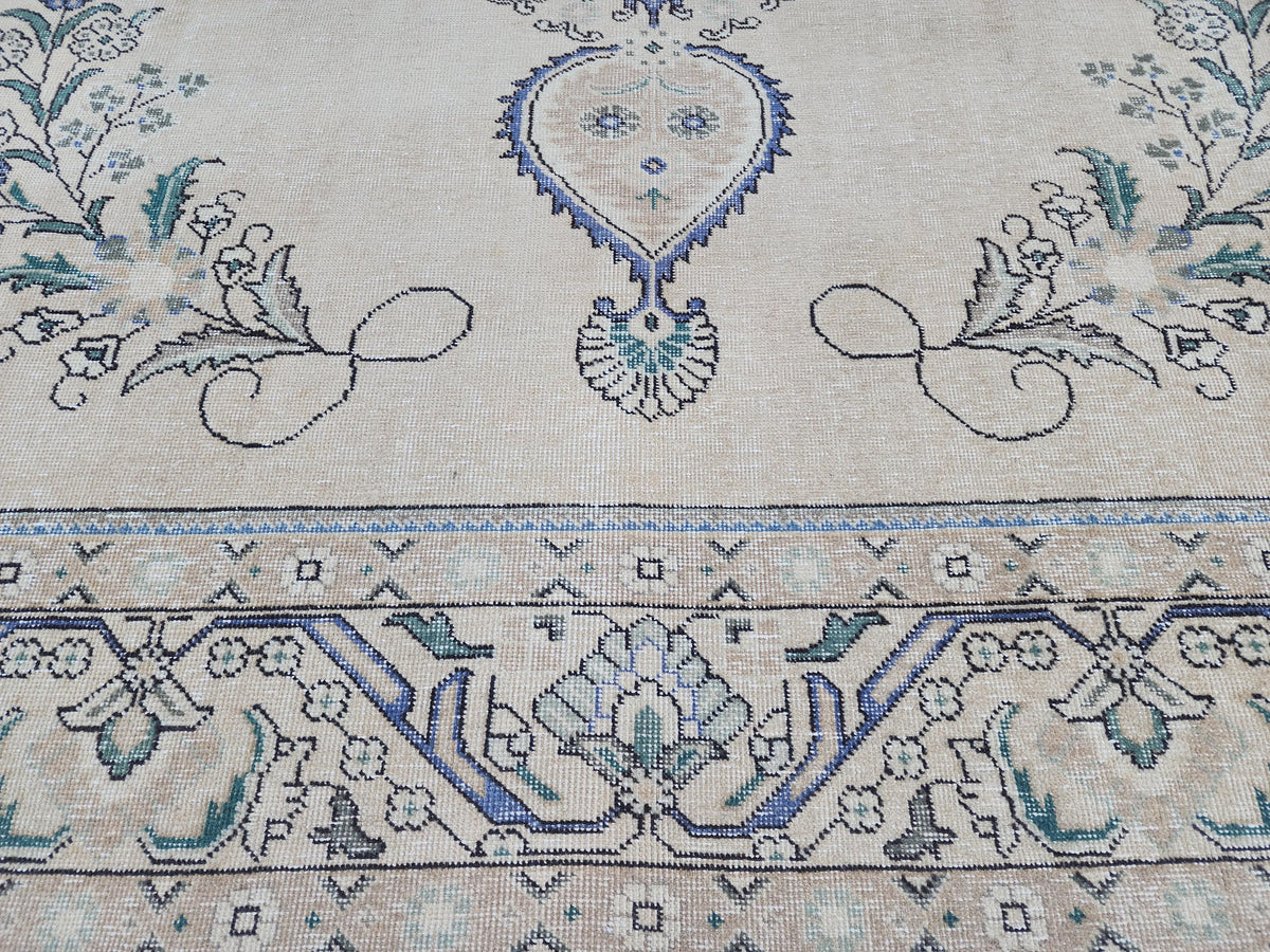 Hand Knotted Wool Area Rug 9x12: Blue Medallion and Beige Vintage Farmhouse Rug