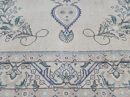 Hand Knotted Wool Area Rug 9x12: Blue Medallion and Beige Vintage Farmhouse Rug