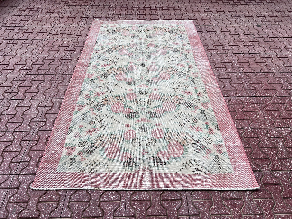 Handwoven Turkish Oushak Rug: 3.8x6.5, Wool & Cotton Floral Rug